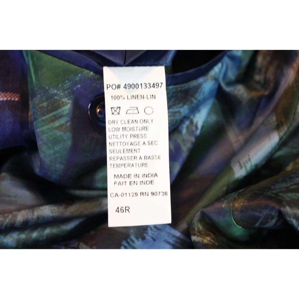 Tallia Mens Sport Coat Blue Linen Size 46R Two-Button Closure Windowpane Jacket